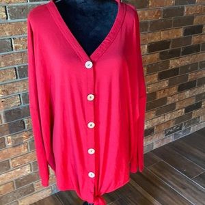 Size 2X red long sleeve blouse wooden buttons and tie at bottom NWT